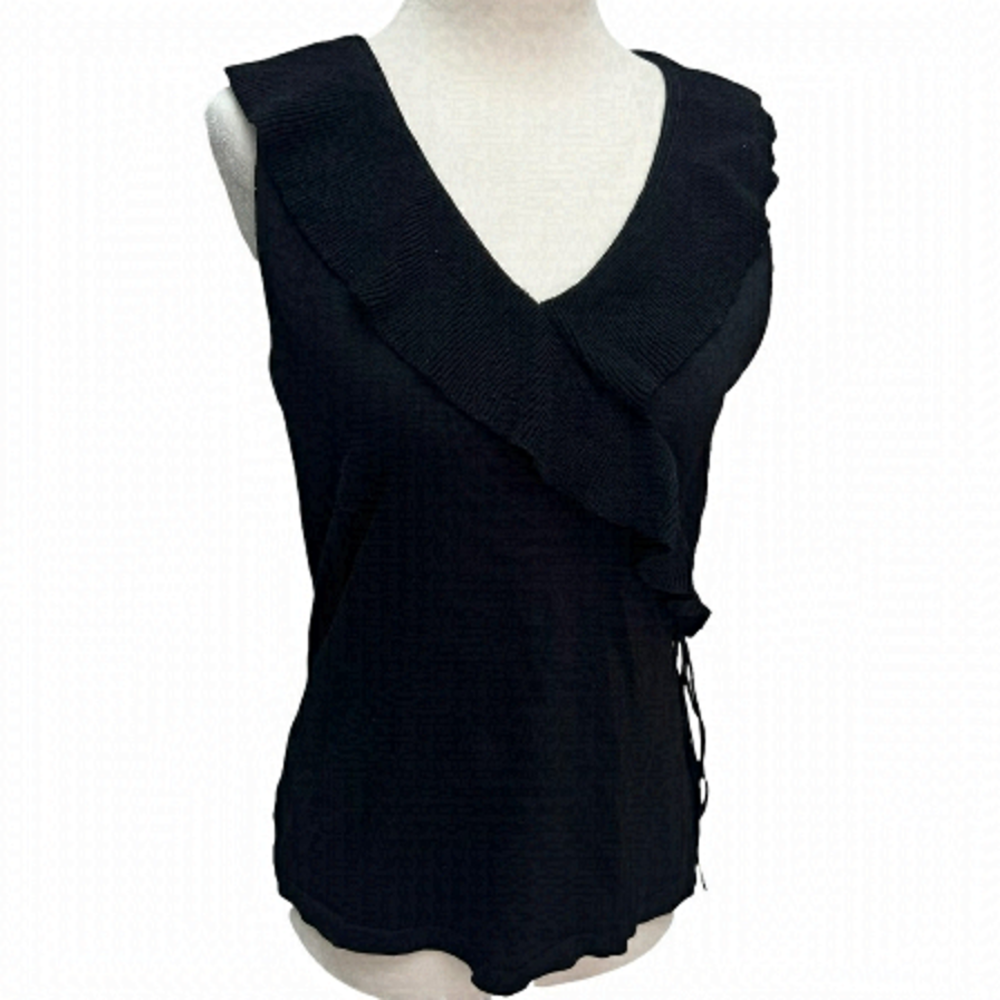 nygard Collection Knit Tank Top Black Ruffle Neckline Size S